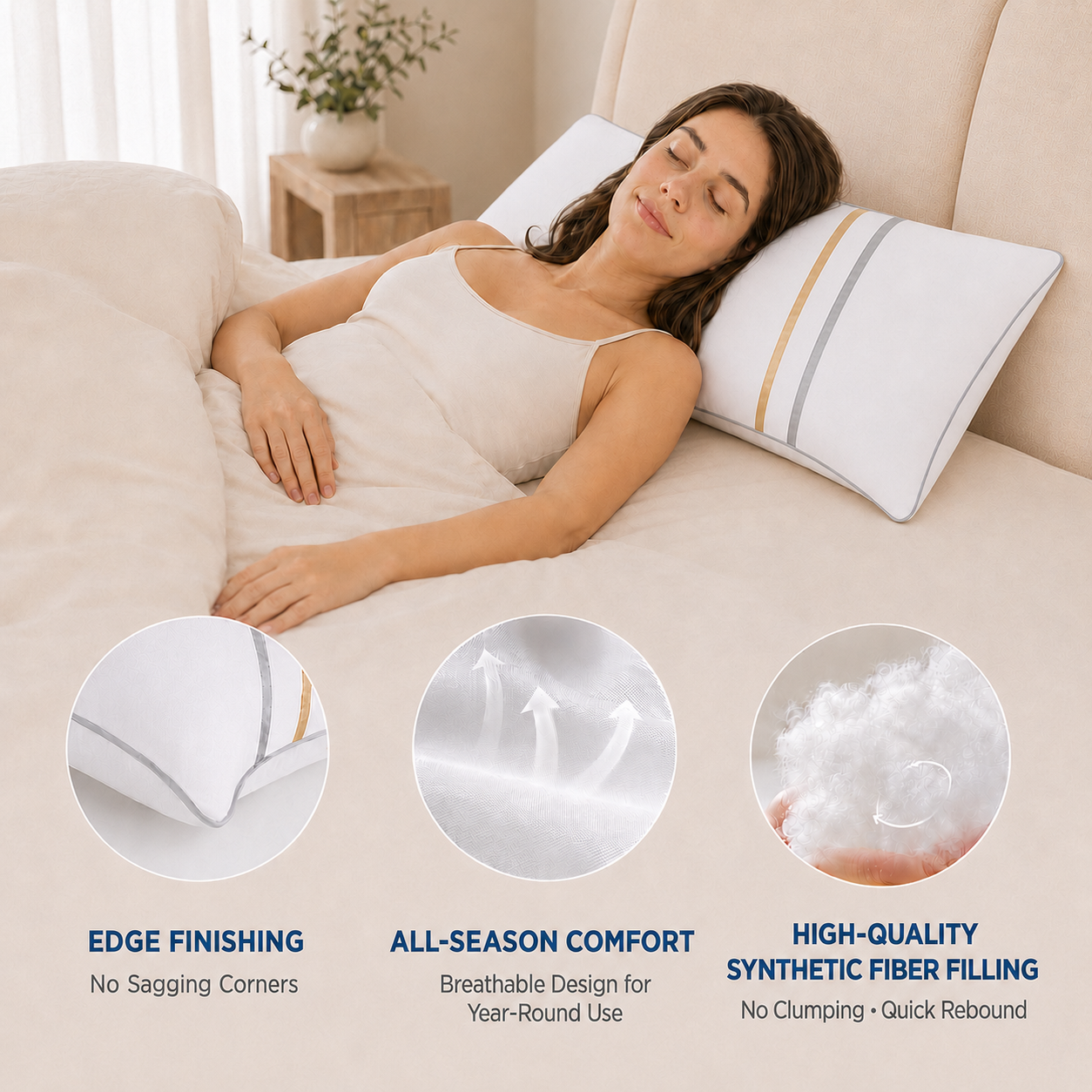 COOKEY Down Alternative Pillow for Bed with Satin Ribbon Design, Hotel Quality Gel Fiber Fill, Fluffy Supportive Bed Pillow for Side Back Stomach Sleepers, White