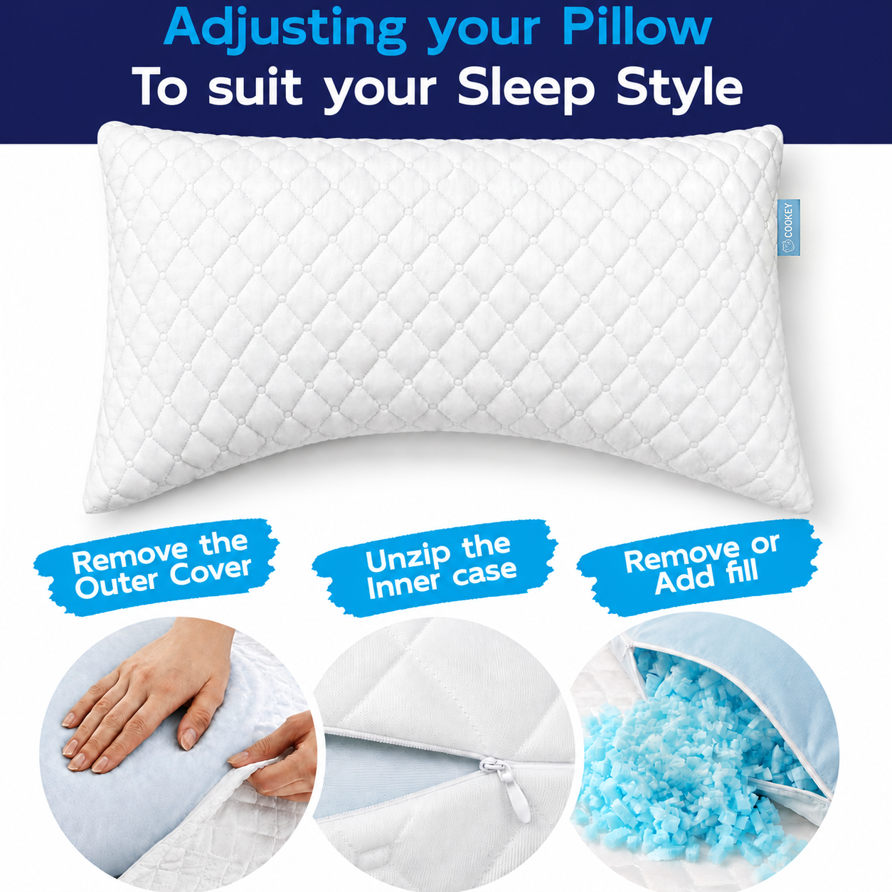 COOKEY Cooling Curved Side Sleeper Pillows Set of 2, with Adjustable Shredded Memory Foam Fill for Neck and Shoulder Support