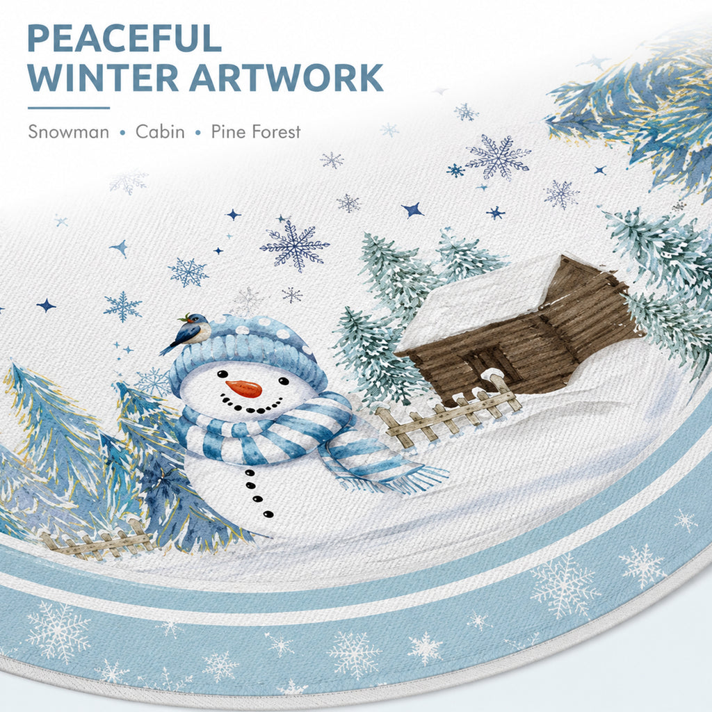 COOKEY Snowman Christmas Tree Skirt 48 Inch, White Winter Snowflake Tree Skirt, Cabin and Pine Forest Print, Merry Christmas Holiday Party Decorations Indoor Outdoor