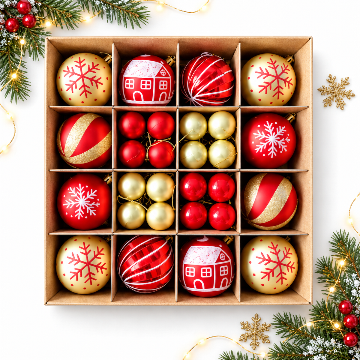 COOKEY Christmas Ball Ornaments Set, Red and Gold Shatterproof Christmas Tree Decorations, 2.36" & 1.38"