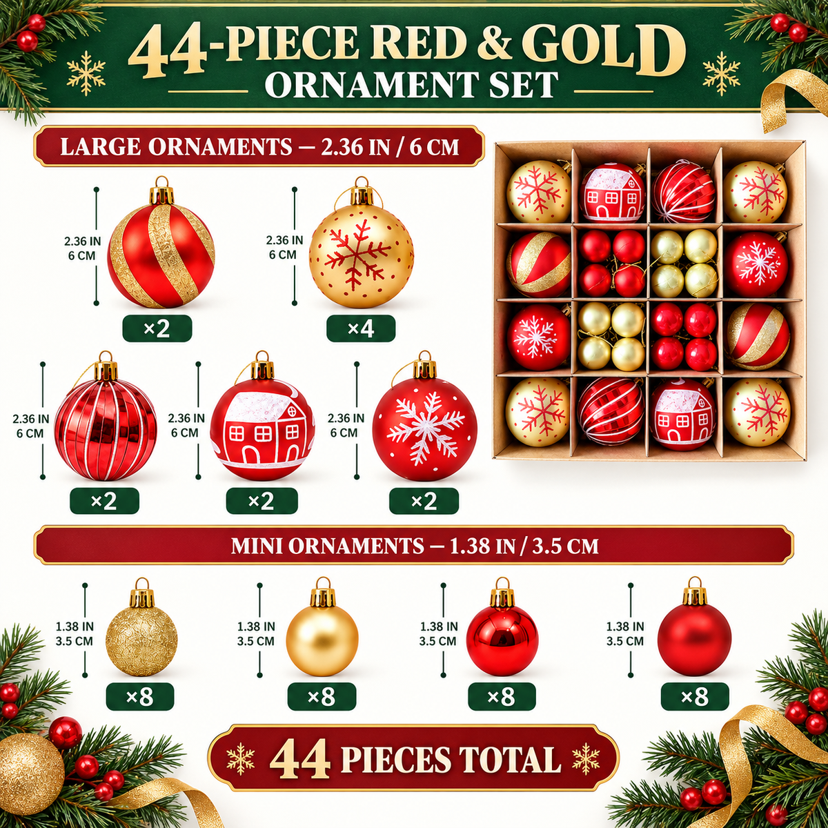 COOKEY Christmas Ball Ornaments Set, Red and Gold Shatterproof Christmas Tree Decorations, 2.36" & 1.38"