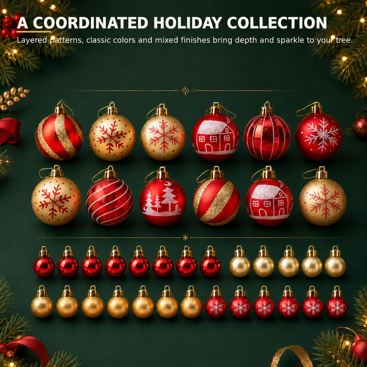 COOKEY Christmas Ball Ornaments Set, Red and Gold Shatterproof Christmas Tree Decorations, 2.36" & 1.38"