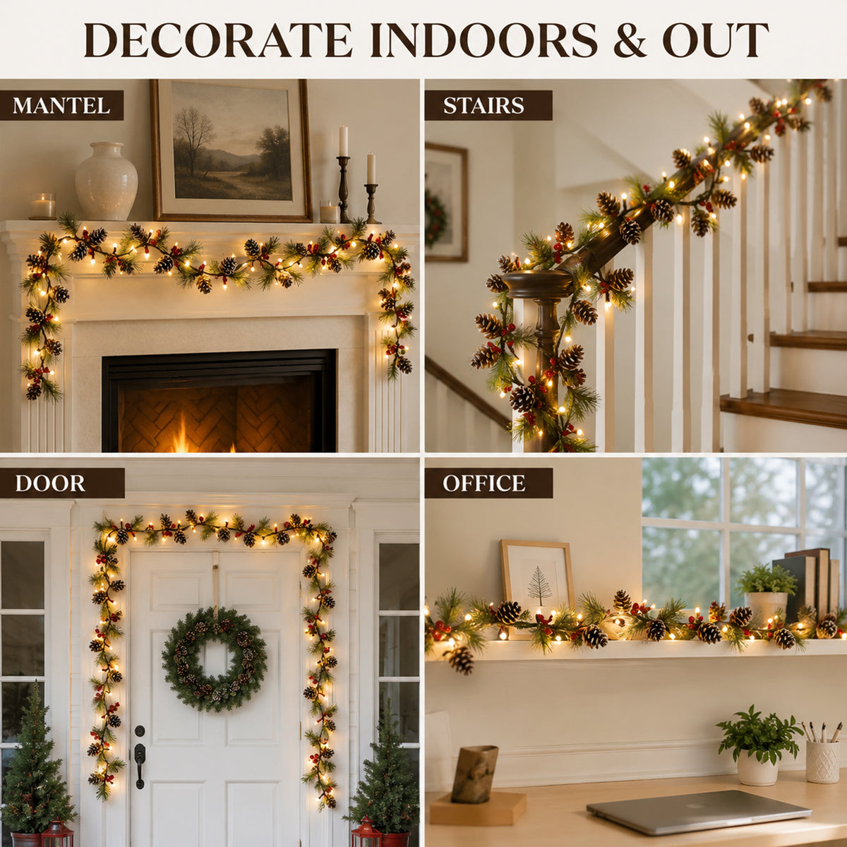 COOKEY Christmas Garland with Lights, 10 Ft Battery Operated Pine Cone Garland, Red Berries and Pine Needles, Lighted Christmas Decorations for Mantel Stairs Indoor Outdoor