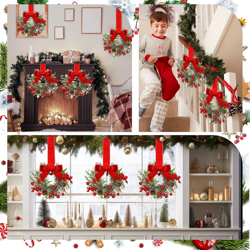 COOKEY 6 Pcs 6" Christmas Mini Cabinet Wreaths with Ribbon Bows and Red Berry,Small Norfolk Pine Kitchen Wreaths for Front Door Farmhouse Wall Pillars Xmas Decorations