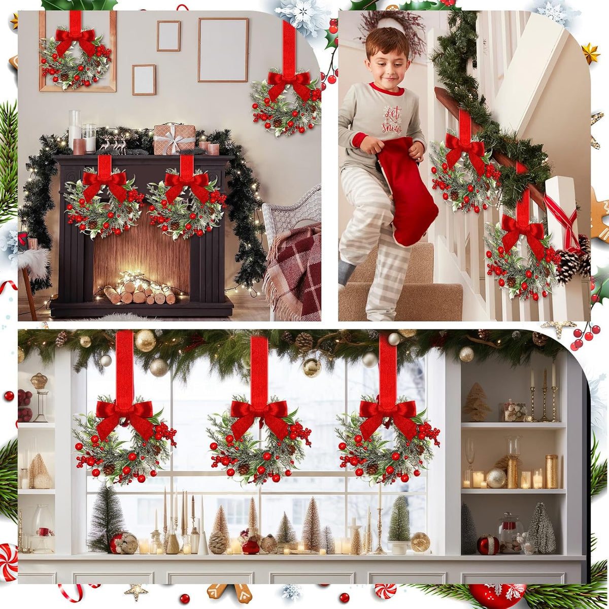 COOKEY 6 Pcs 6" Christmas Mini Cabinet Wreaths with Ribbon Bows and Red Berry,Small Norfolk Pine Kitchen Wreaths for Front Door Farmhouse Wall Pillars Xmas Decorations