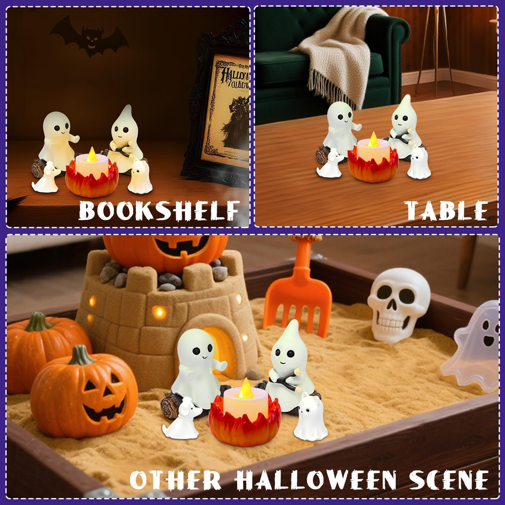 COOKEY Glow-in-The-Dark Ghost Campfire Gathering, Cute & Cozy Halloween Ghost Figurine Set, Resin Ghost Statue for Home, Mantel, Shelf, Desk