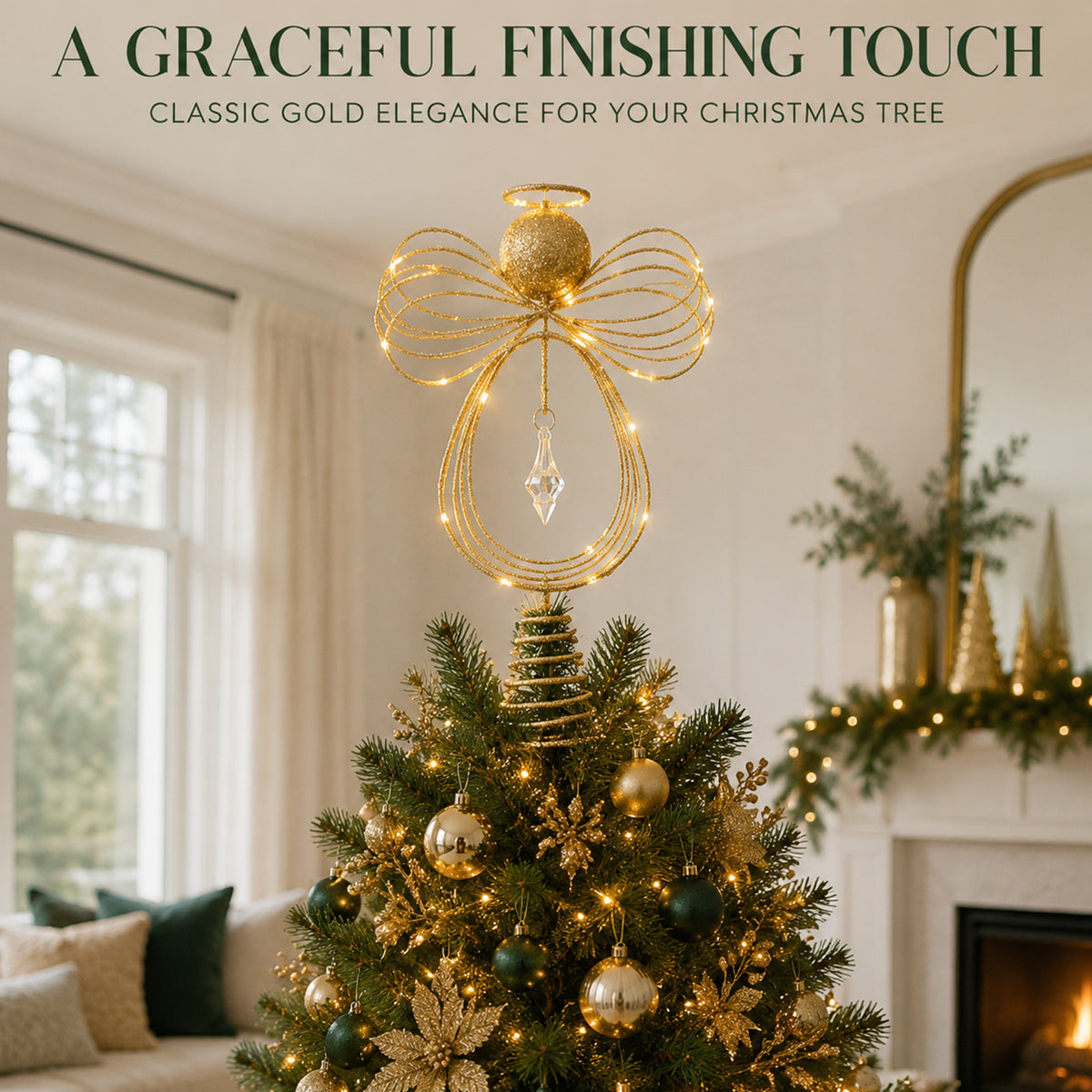 COOKEY Christmas Tree Topper, 10 Inch Pre-Lit Angel Tree Topper, Golden Classic Retro Angel Tree Topper for Christmas Tree Decoration Indoors, Battery-Operated