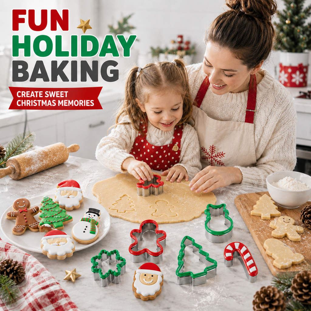 COOKEY 8PCS Christmas Cookie Cutters Sets, Food Grade Stainless Steel Christmas Cookie Cutter Tools with Protective Red Top PVC,Holiday Cookie Cutters Shape Moulds Set for Baking