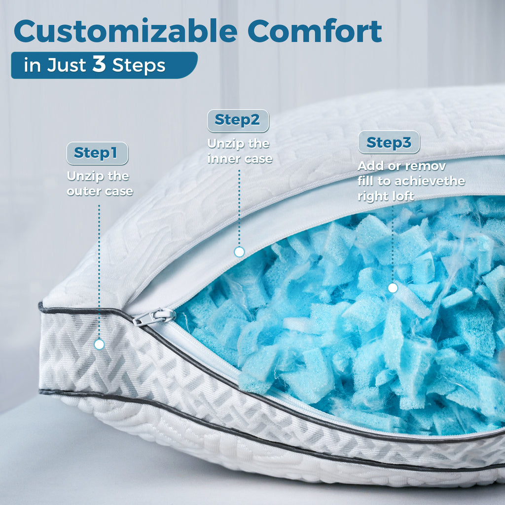 COOKEY Cooling Pillows King/Queen/Standard Size Set of 2,Adjustable Shredded Memory Foam Pillows with Bamboo Viscose Cover for Side Back Stomach Sleepers,20''x36''