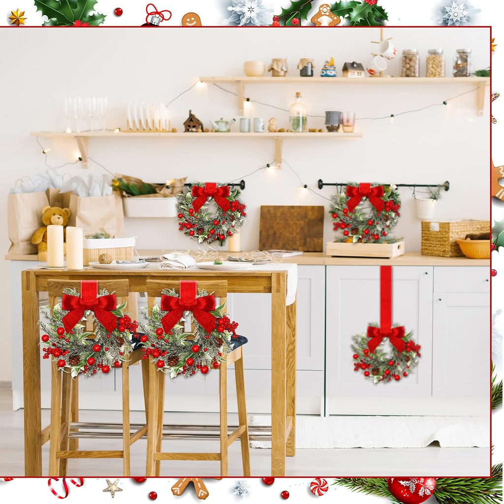 COOKEY 6 Pcs 6" Christmas Mini Cabinet Wreaths with Ribbon Bows and Red Berry,Small Norfolk Pine Kitchen Wreaths for Front Door Farmhouse Wall Pillars Xmas Decorations