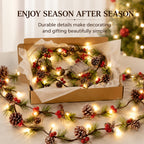 COOKEY Christmas Garland with Lights, 10 Ft Battery Operated Pine Cone Garland, Red Berries and Pine Needles, Lighted Christmas Decorations for Mantel Stairs Indoor Outdoor