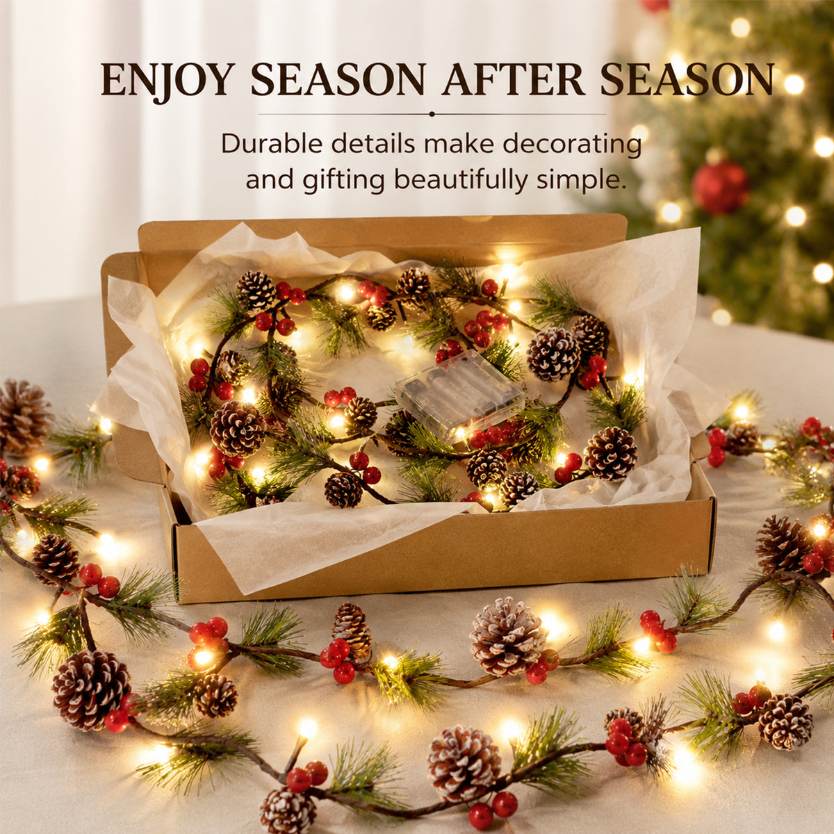 COOKEY Christmas Garland with Lights, 10 Ft Battery Operated Pine Cone Garland, Red Berries and Pine Needles, Lighted Christmas Decorations for Mantel Stairs Indoor Outdoor