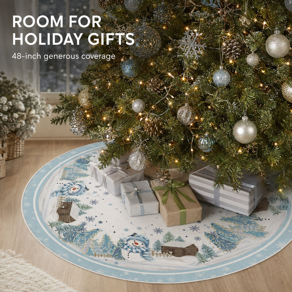 COOKEY Snowman Christmas Tree Skirt 48 Inch, White Winter Snowflake Tree Skirt, Cabin and Pine Forest Print, Merry Christmas Holiday Party Decorations Indoor Outdoor