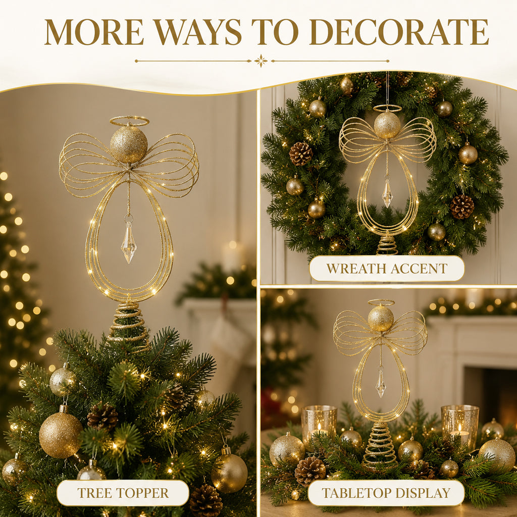 COOKEY Christmas Tree Topper, 10 Inch Pre-Lit Angel Tree Topper, Golden Classic Retro Angel Tree Topper for Christmas Tree Decoration Indoors, Battery-Operated