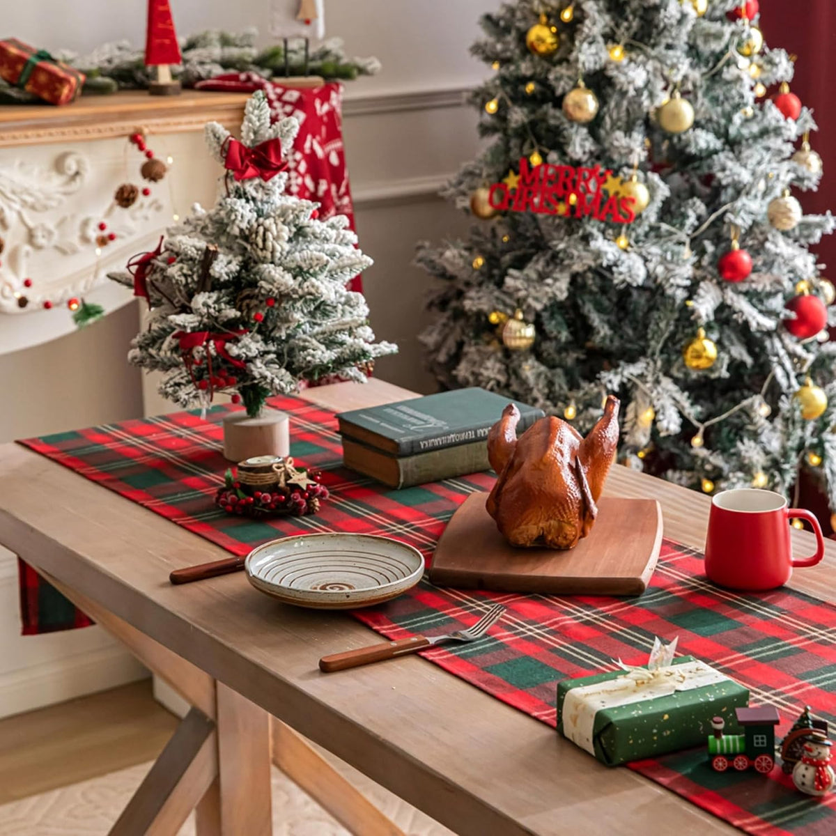 COOKEY Christmas Table Runner, Red and Green Tartan Plaid, 13 x 72 in