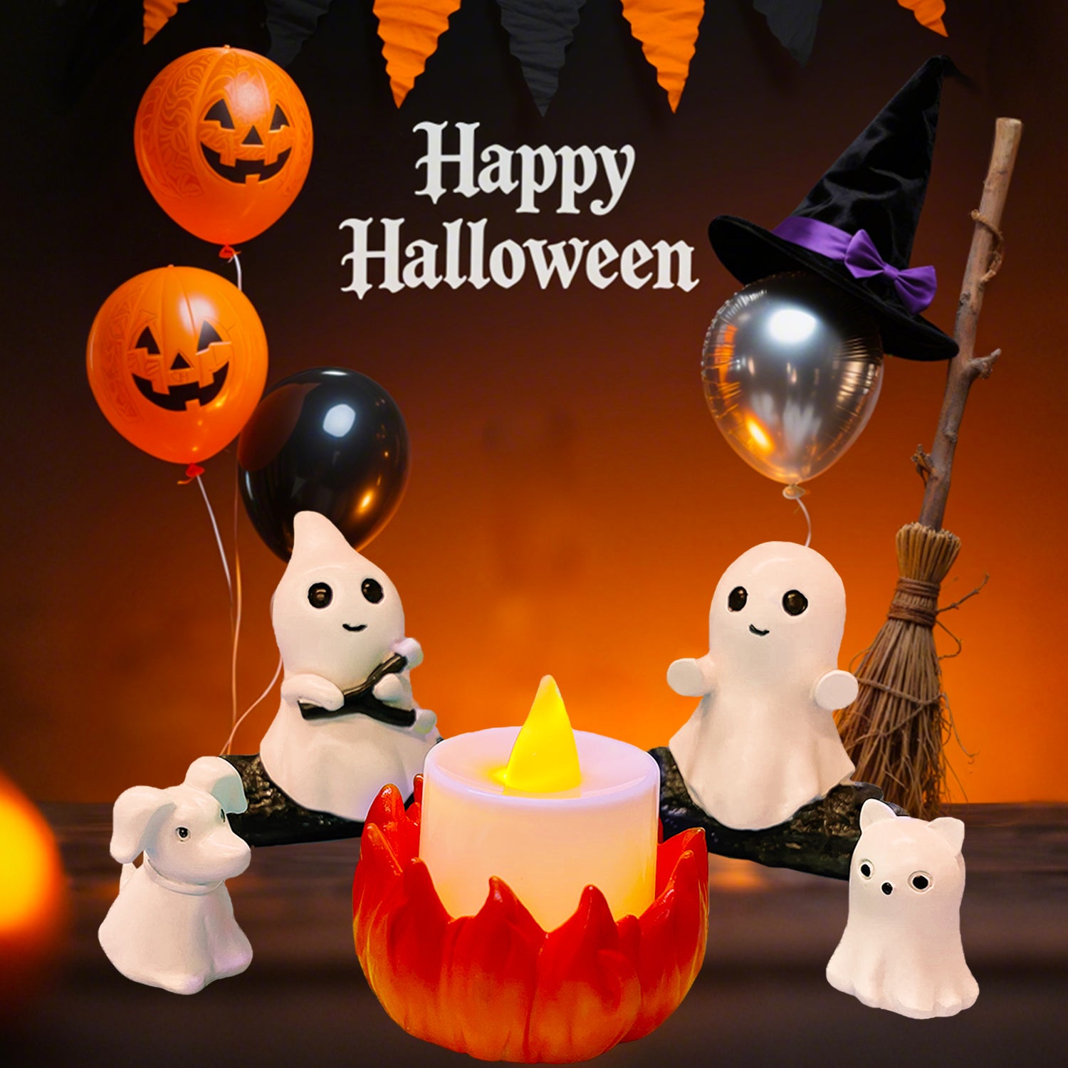 COOKEY Glow-in-The-Dark Ghost Campfire Gathering, Cute & Cozy Halloween Ghost Figurine Set, Resin Ghost Statue for Home, Mantel, Shelf, Desk