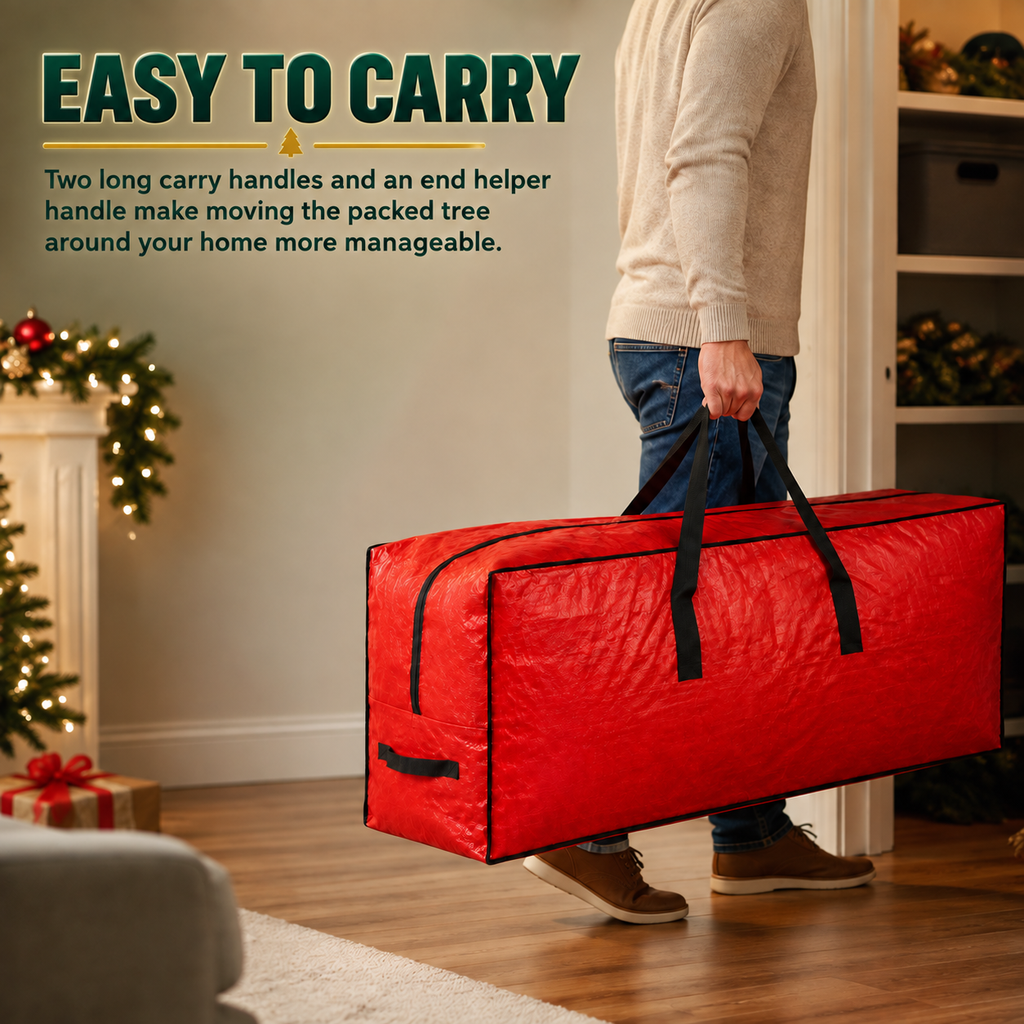 COOKEY Artificial Christmas Tree Storage Bag for Tree, PE Holiday Storage Organizer with Zipper and Carry Handles, Red Seasonal Storage Bag