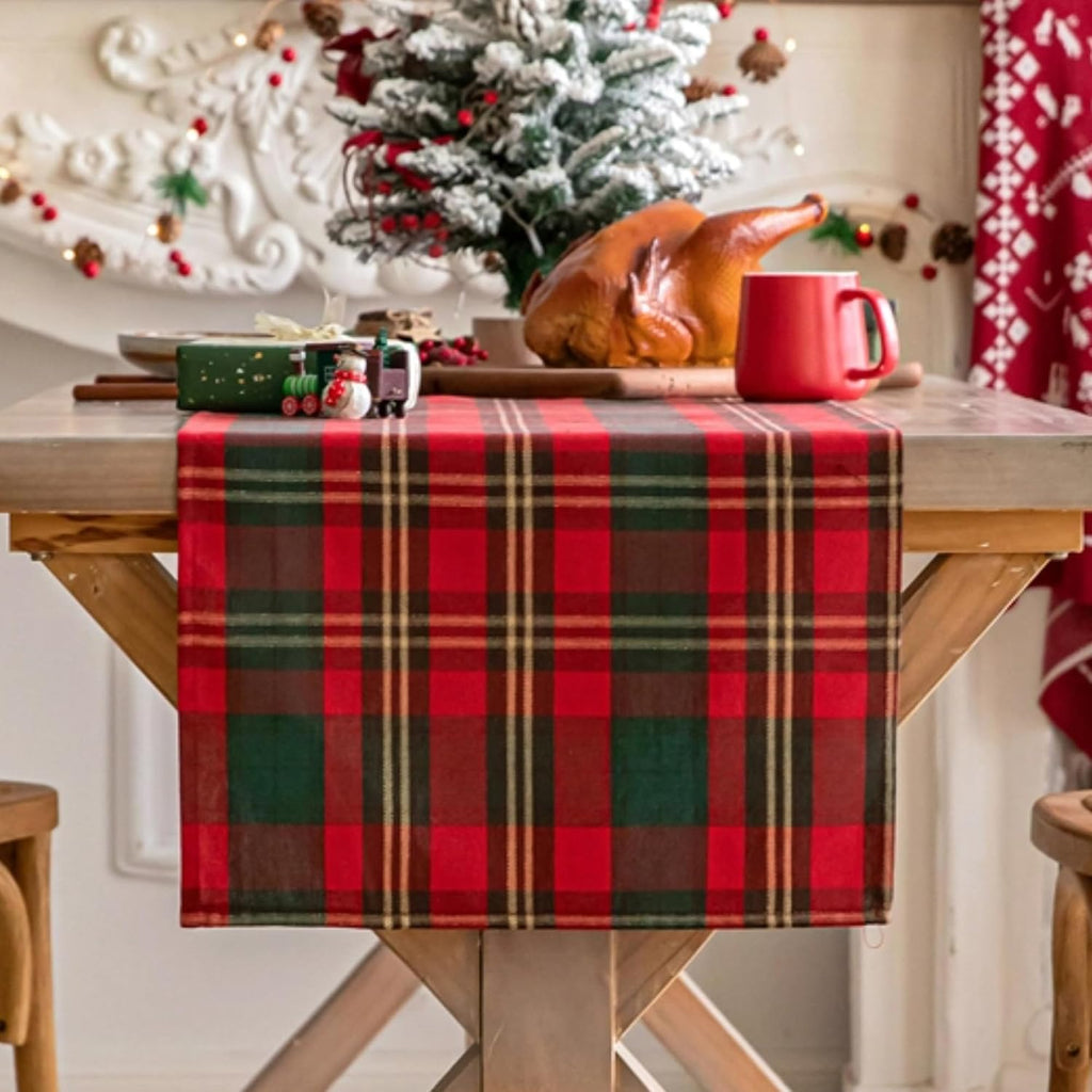 COOKEY Christmas Table Runner, Red and Green Tartan Plaid, 13 x 72 in