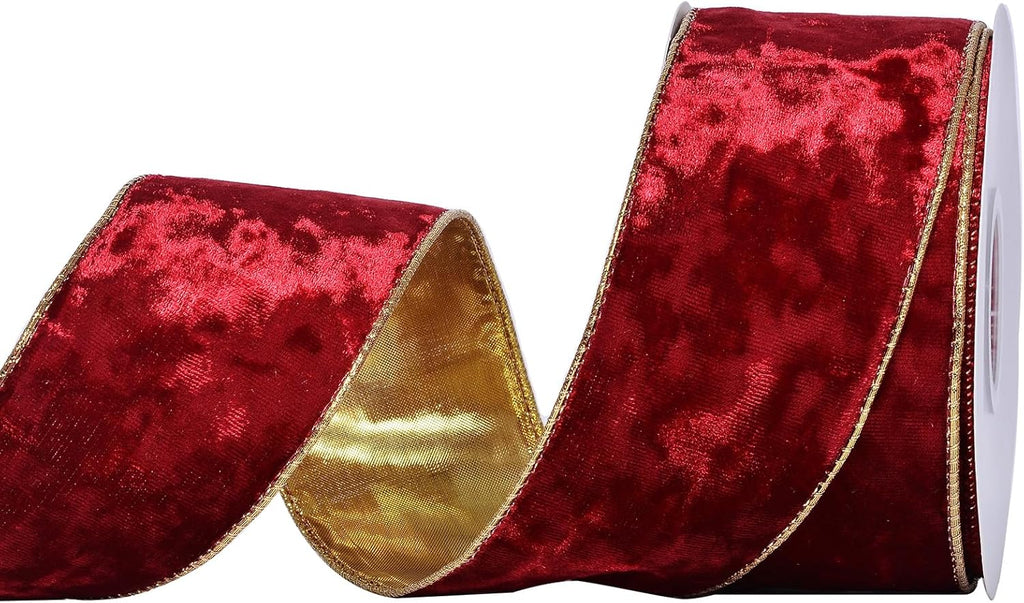 Cookey Red Velvet Wired Ribbon 2 1/2 Inch with Gold Edge for Christmas Tree Gift Wrapping Crafts Wreath Decoration Bow Making 10 Yards