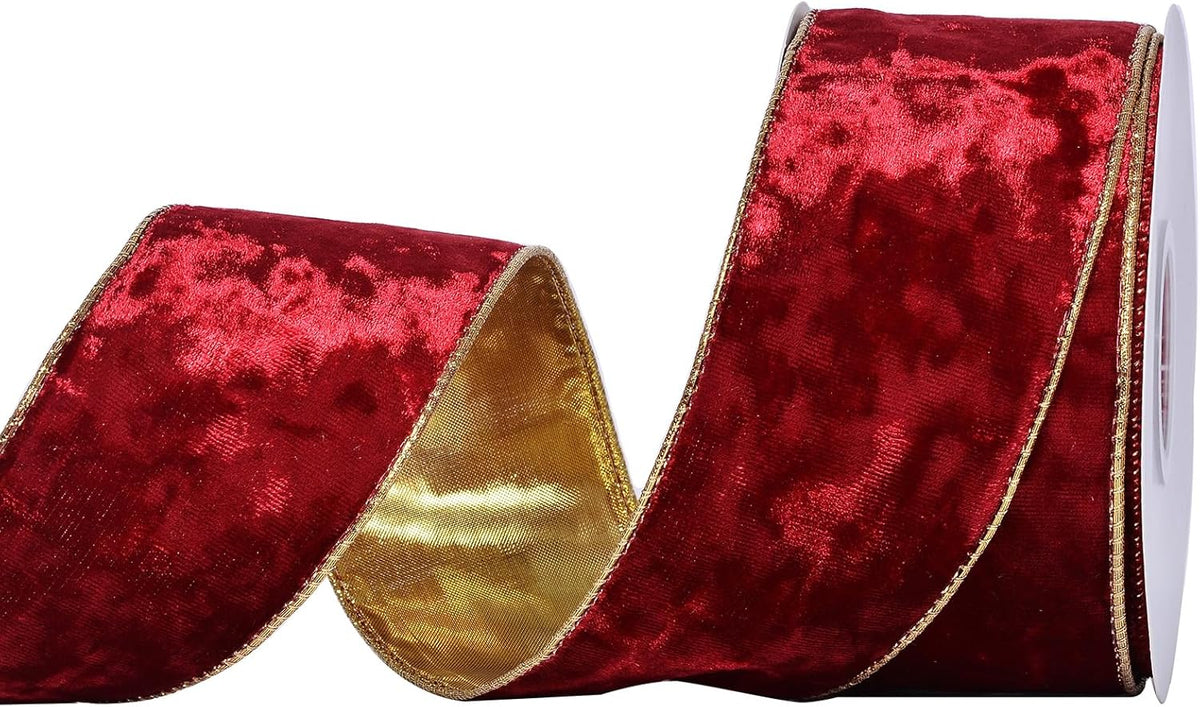 Cookey Red Velvet Wired Ribbon 2 1/2 Inch with Gold Edge for Christmas Tree Gift Wrapping Crafts Wreath Decoration Bow Making 10 Yards