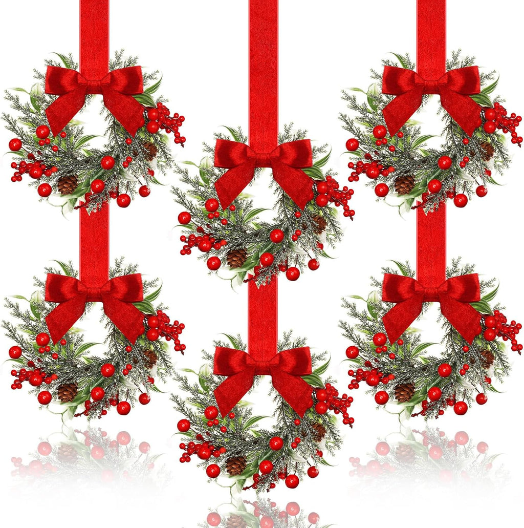 COOKEY 6 Pcs 6" Christmas Mini Cabinet Wreaths with Ribbon Bows and Red Berry,Small Norfolk Pine Kitchen Wreaths for Front Door Farmhouse Wall Pillars Xmas Decorations