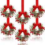 COOKEY 6 Pcs 6" Christmas Mini Cabinet Wreaths with Ribbon Bows and Red Berry,Small Norfolk Pine Kitchen Wreaths for Front Door Farmhouse Wall Pillars Xmas Decorations