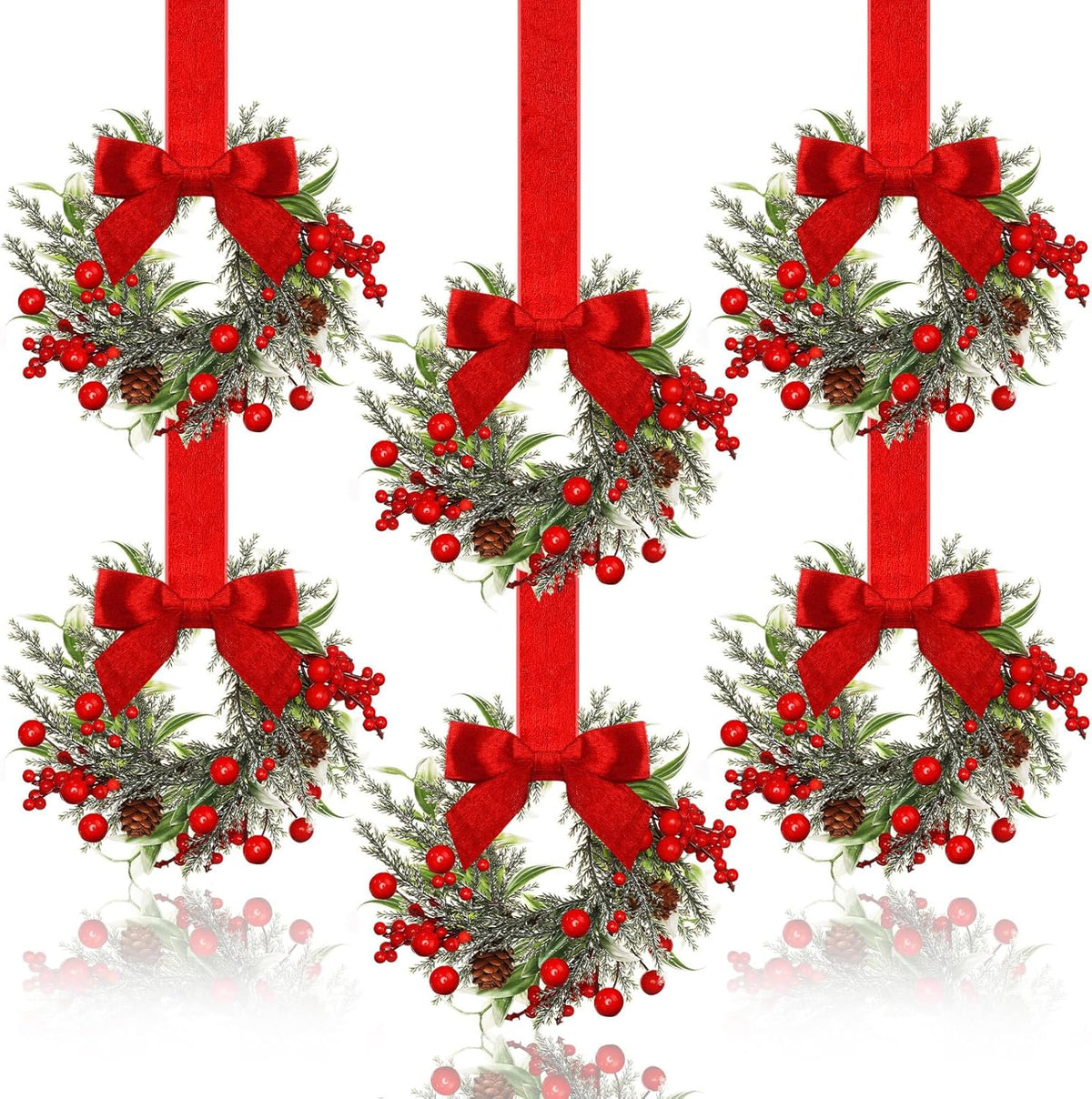COOKEY 6 Pcs 6" Christmas Mini Cabinet Wreaths with Ribbon Bows and Red Berry,Small Norfolk Pine Kitchen Wreaths for Front Door Farmhouse Wall Pillars Xmas Decorations