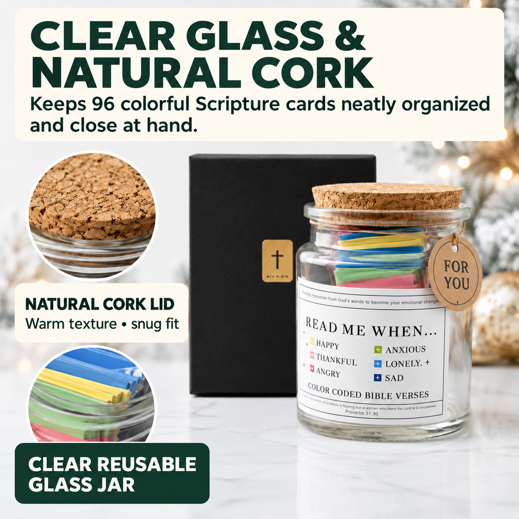 COOKEY Glass Bible Verse Jar with 96 Color-Coded Scripture Cards, Read Me When Prayer Jar for Daily Encouragement, Christian Gifts for Women Men Mom Family, Gift Box