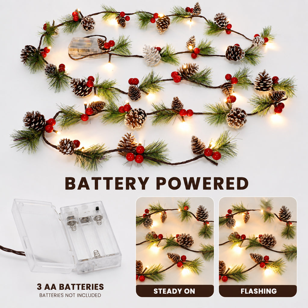 COOKEY Christmas Garland with Lights, 10 Ft Battery Operated Pine Cone Garland, Red Berries and Pine Needles, Lighted Christmas Decorations for Mantel Stairs Indoor Outdoor