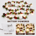 COOKEY Christmas Garland with Lights, 10 Ft Battery Operated Pine Cone Garland, Red Berries and Pine Needles, Lighted Christmas Decorations for Mantel Stairs Indoor Outdoor