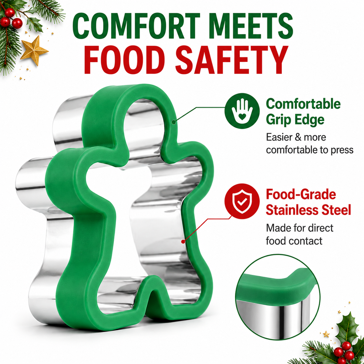 COOKEY 8PCS Christmas Cookie Cutters Sets, Food Grade Stainless Steel Christmas Cookie Cutter Tools with Protective Red Top PVC,Holiday Cookie Cutters Shape Moulds Set for Baking