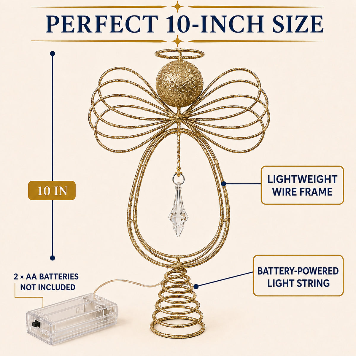 COOKEY Christmas Tree Topper, 10 Inch Pre-Lit Angel Tree Topper, Golden Classic Retro Angel Tree Topper for Christmas Tree Decoration Indoors, Battery-Operated