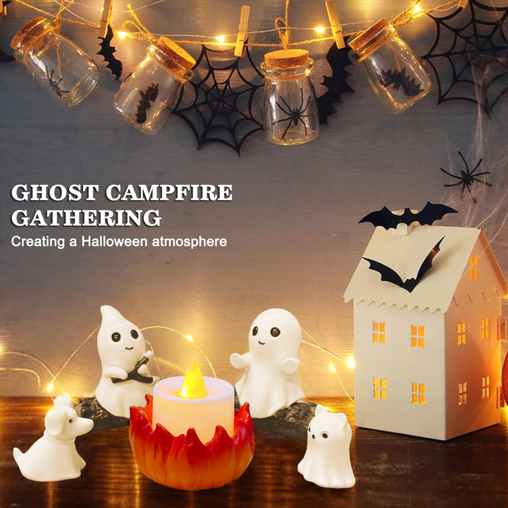 COOKEY Glow-in-The-Dark Ghost Campfire Gathering, Cute & Cozy Halloween Ghost Figurine Set, Resin Ghost Statue for Home, Mantel, Shelf, Desk