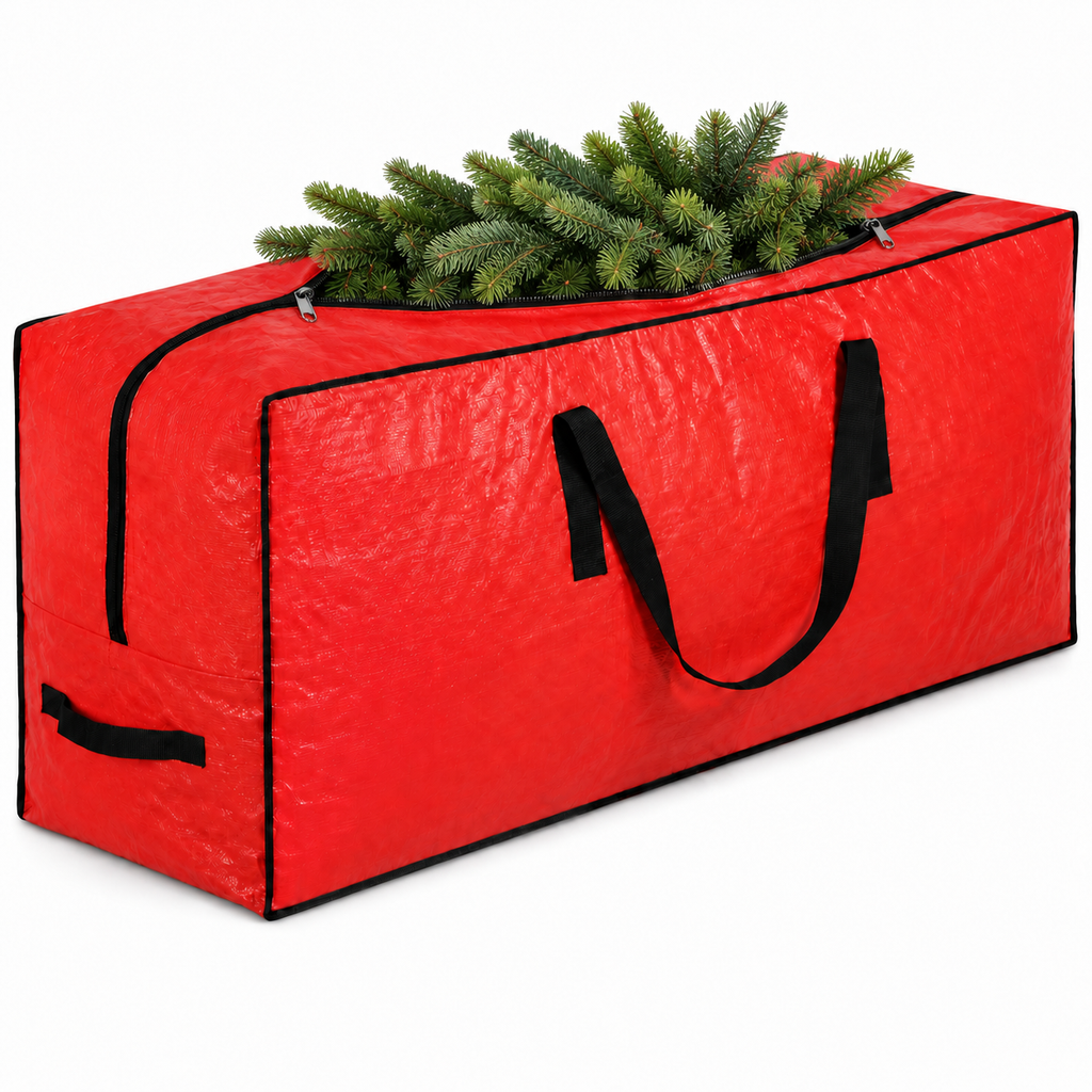 COOKEY Artificial Christmas Tree Storage Bag for Tree, PE Holiday Storage Organizer with Zipper and Carry Handles, Red Seasonal Storage Bag
