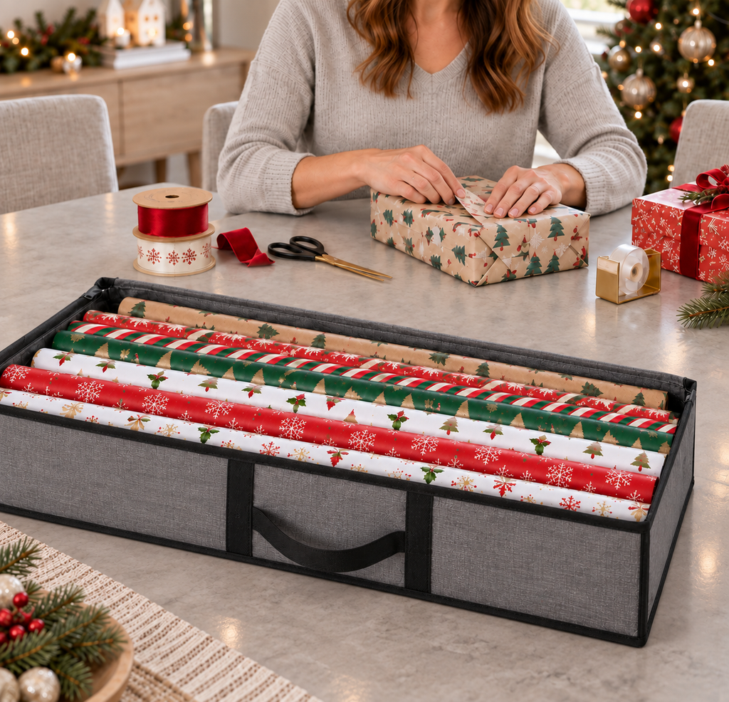 COOKEY Large Christmas Wrapping Paper Storage Bag, 40" Durable PE Gift Wrap Storage Bag with Flexible Partitions and Pockets for Ribbon, Accessories