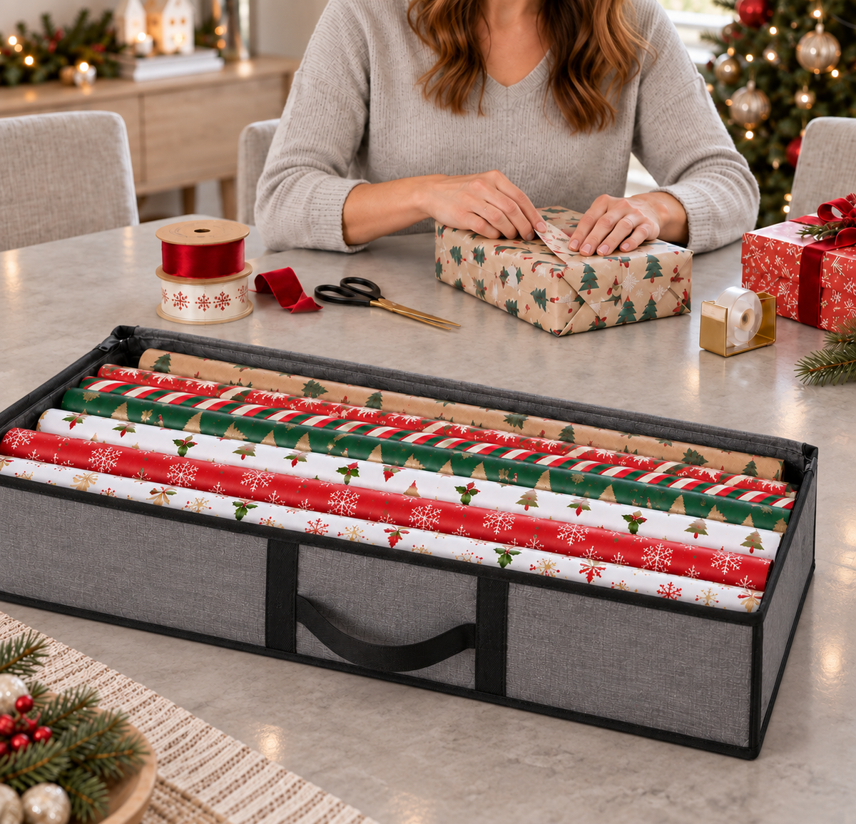 COOKEY Large Christmas Wrapping Paper Storage Bag, 40" Durable PE Gift Wrap Storage Bag with Flexible Partitions and Pockets for Ribbon, Accessories