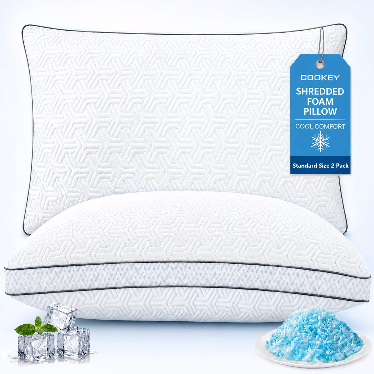 COOKEY Cooling Pillows for Sleeping Pillows Set of 2, Adjustable Shredded Memory Foam Pillows, for Side,Back,Stomach & Hot Sleepers,OEKO-TEX Certified