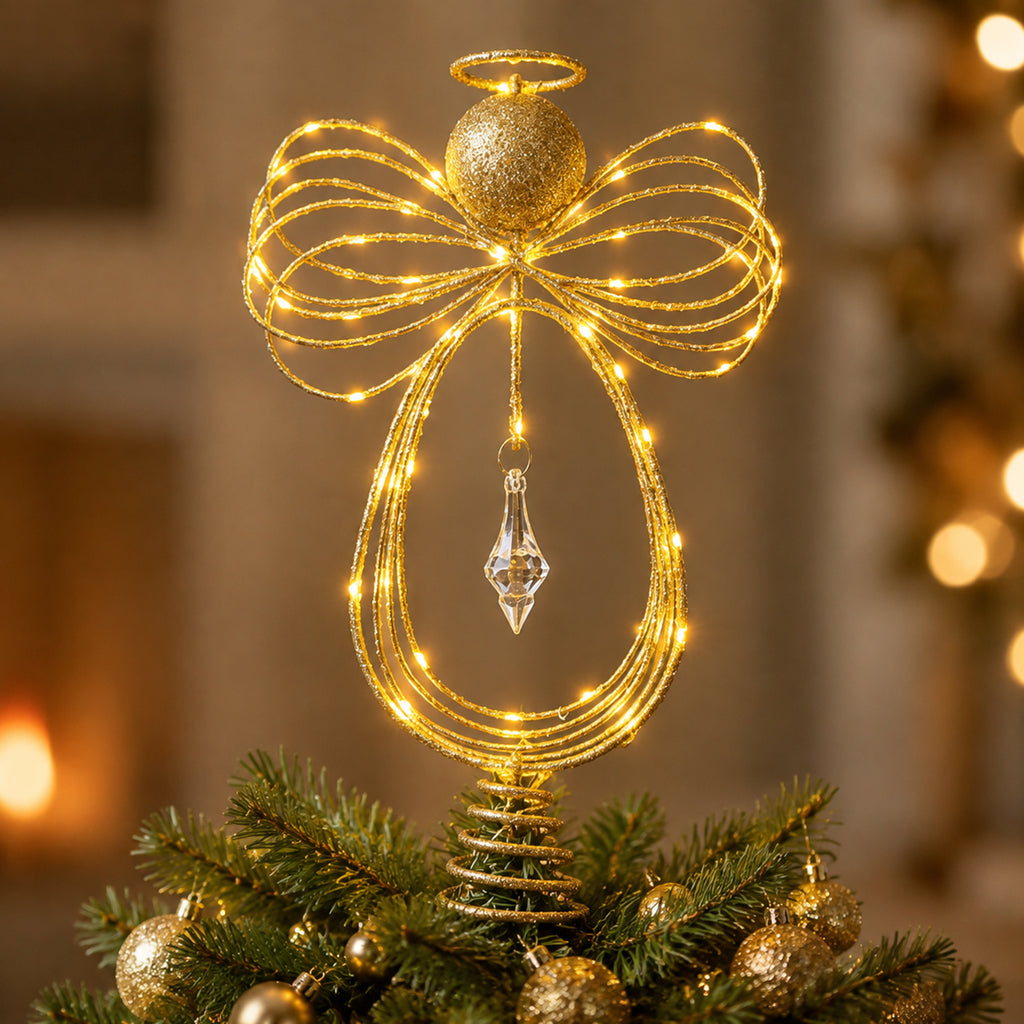 COOKEY Christmas Tree Topper, 10 Inch Pre-Lit Angel Tree Topper, Golden Classic Retro Angel Tree Topper for Christmas Tree Decoration Indoors, Battery-Operated