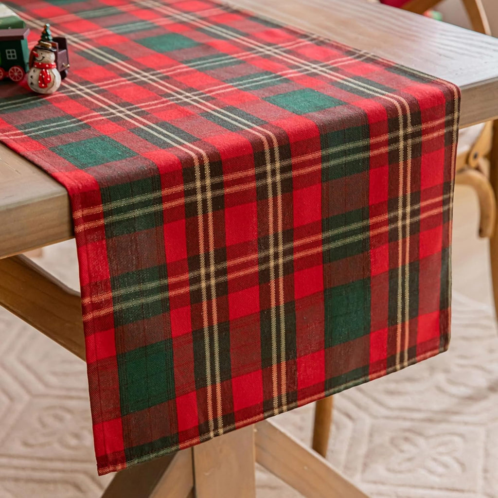 COOKEY Christmas Table Runner, Red and Green Tartan Plaid, 13 x 72 in