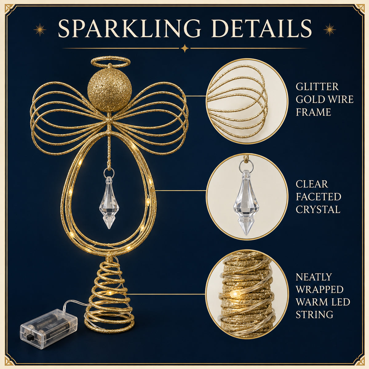 COOKEY Christmas Tree Topper, 10 Inch Pre-Lit Angel Tree Topper, Golden Classic Retro Angel Tree Topper for Christmas Tree Decoration Indoors, Battery-Operated