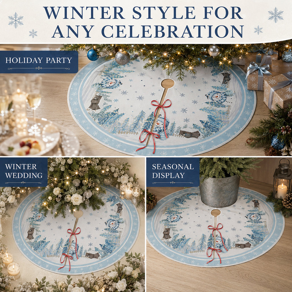 COOKEY Snowman Christmas Tree Skirt 48 Inch, White Winter Snowflake Tree Skirt, Cabin and Pine Forest Print, Merry Christmas Holiday Party Decorations Indoor Outdoor