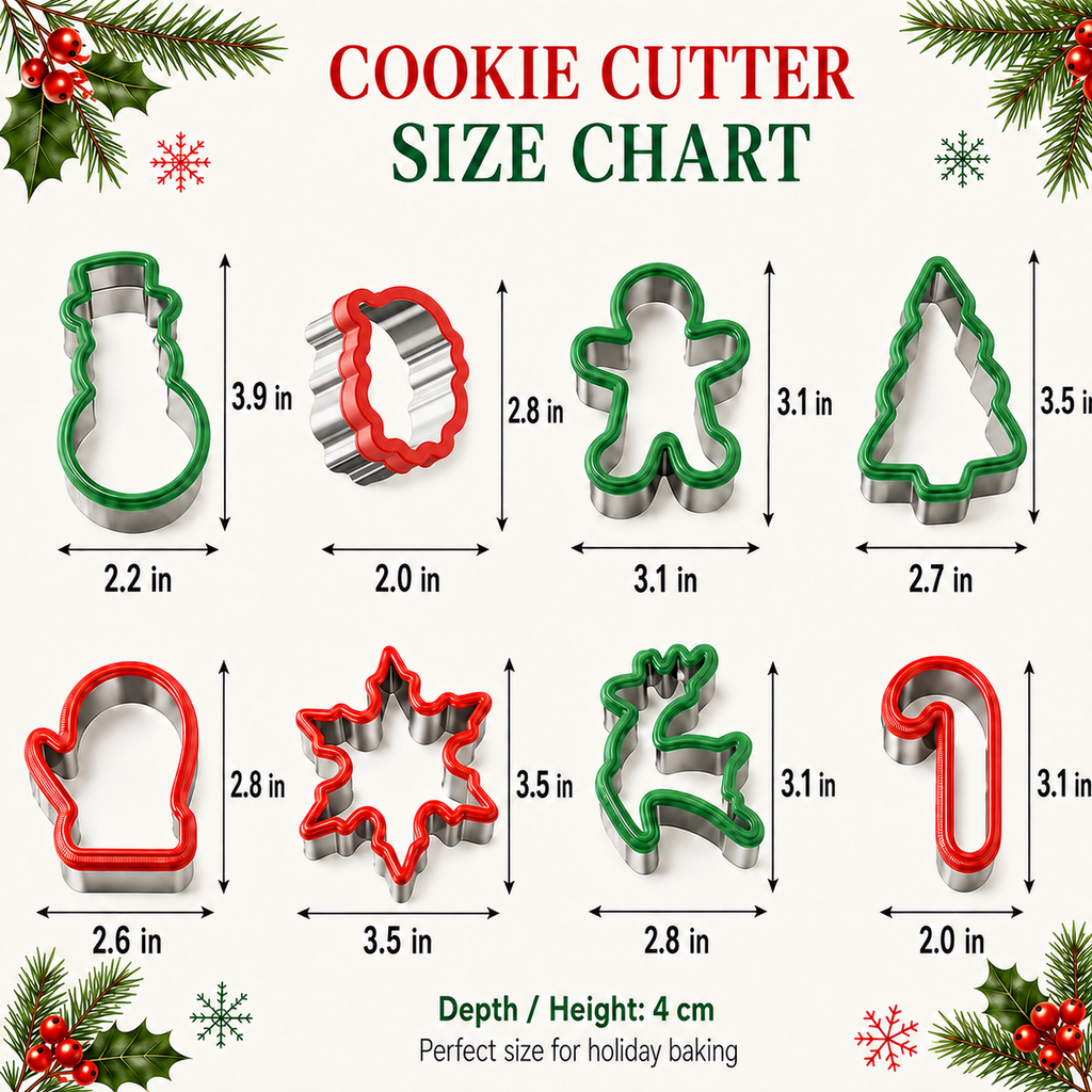 COOKEY 8PCS Christmas Cookie Cutters Sets, Food Grade Stainless Steel Christmas Cookie Cutter Tools with Protective Red Top PVC,Holiday Cookie Cutters Shape Moulds Set for Baking