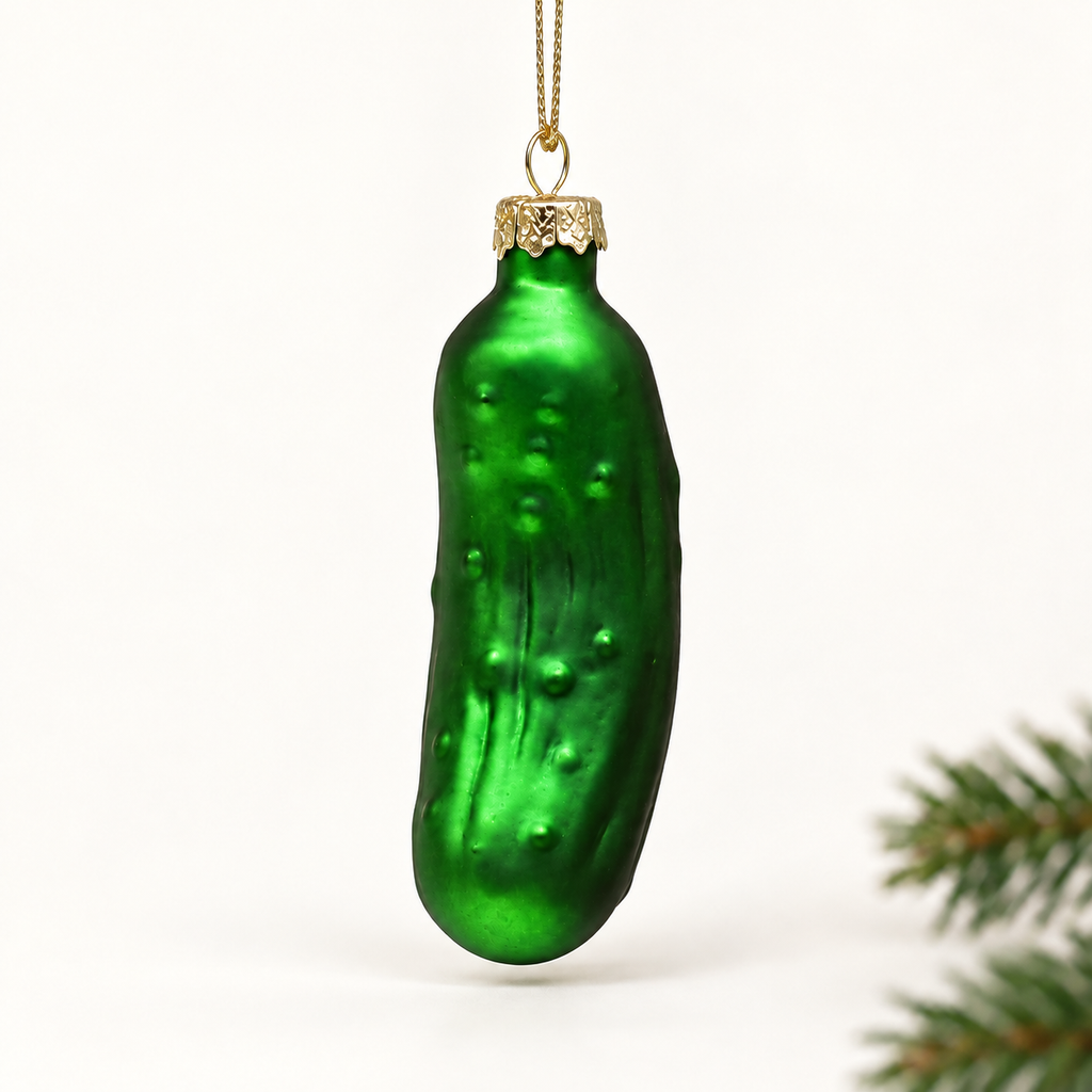 COOKEY Christmas Pickle Ornament, 3.9 Inch Hand-Blown Glass Pickle Christmas Tree Ornament, German-Inspired Holiday Tradition Hanging Decoration with Gift Box, Green