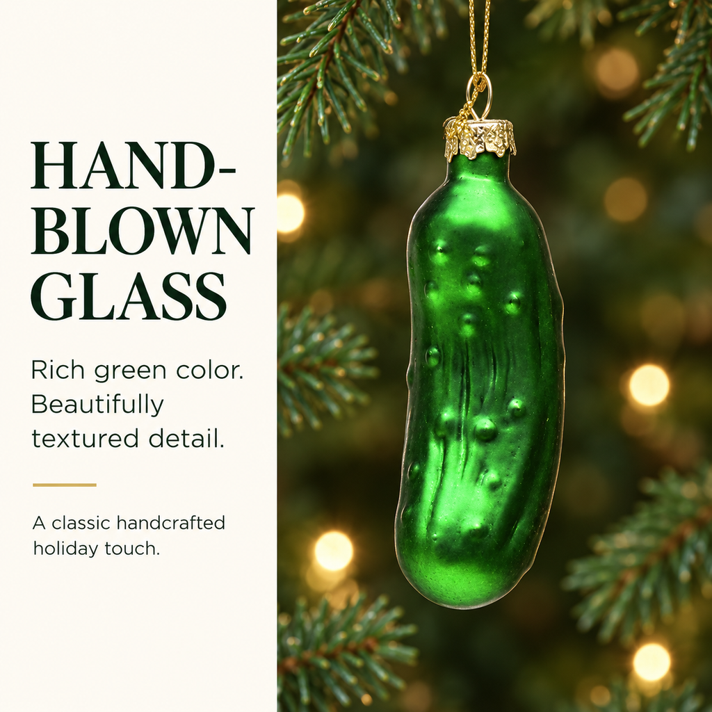 COOKEY Christmas Pickle Ornament, 3.9 Inch Hand-Blown Glass Pickle Christmas Tree Ornament, German-Inspired Holiday Tradition Hanging Decoration with Gift Box, Green
