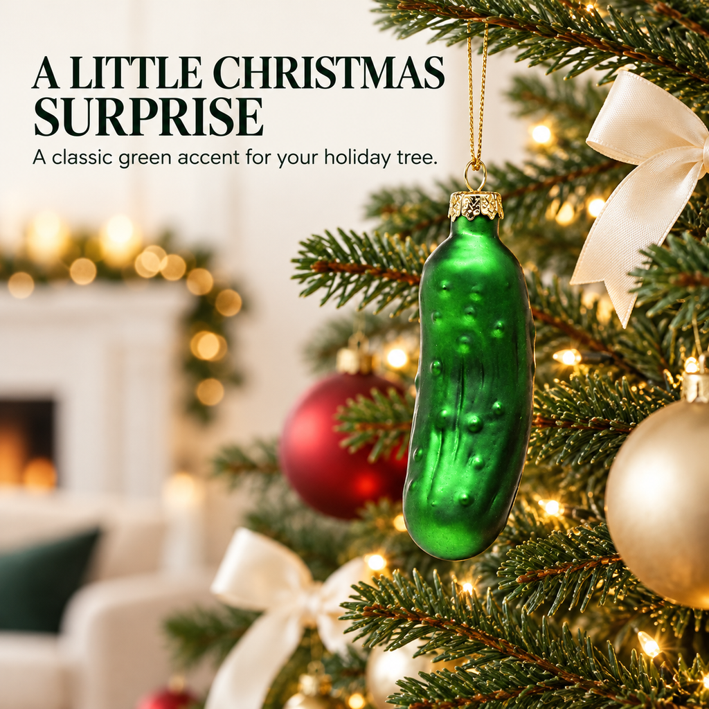 COOKEY Christmas Pickle Ornament, 3.9 Inch Hand-Blown Glass Pickle Christmas Tree Ornament, German-Inspired Holiday Tradition Hanging Decoration with Gift Box, Green