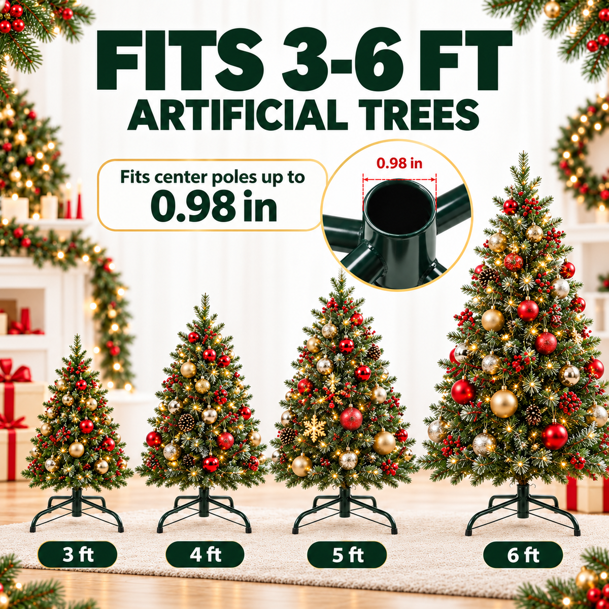 COOKEY Christmas Tree Stand for Artificial Trees, 15.7 Inch Foldable Metal Replacement Base for 3-6 Ft Fake Trees, Fits 0.98 Inch Poles, Green
