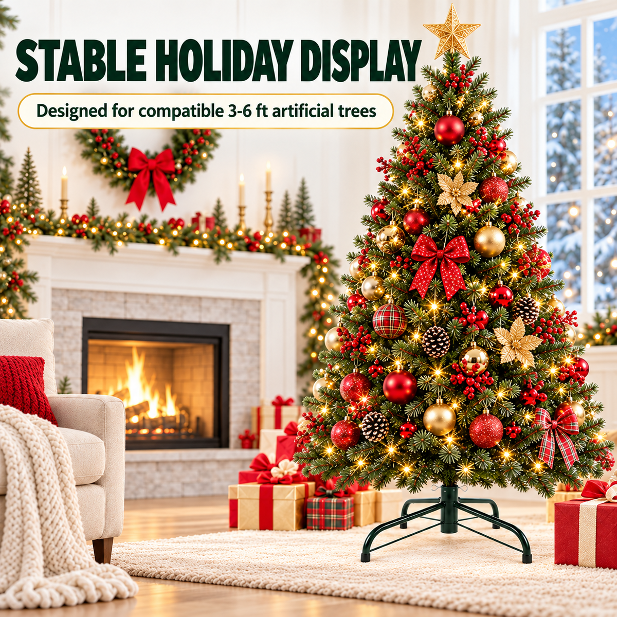 COOKEY Christmas Tree Stand for Artificial Trees, 15.7 Inch Foldable Metal Replacement Base for 3-6 Ft Fake Trees, Fits 0.98 Inch Poles, Green