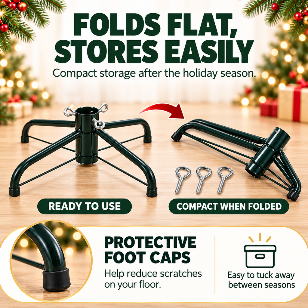 COOKEY Christmas Tree Stand for Artificial Trees, 15.7 Inch Foldable Metal Replacement Base for 3-6 Ft Fake Trees, Fits 0.98 Inch Poles, Green