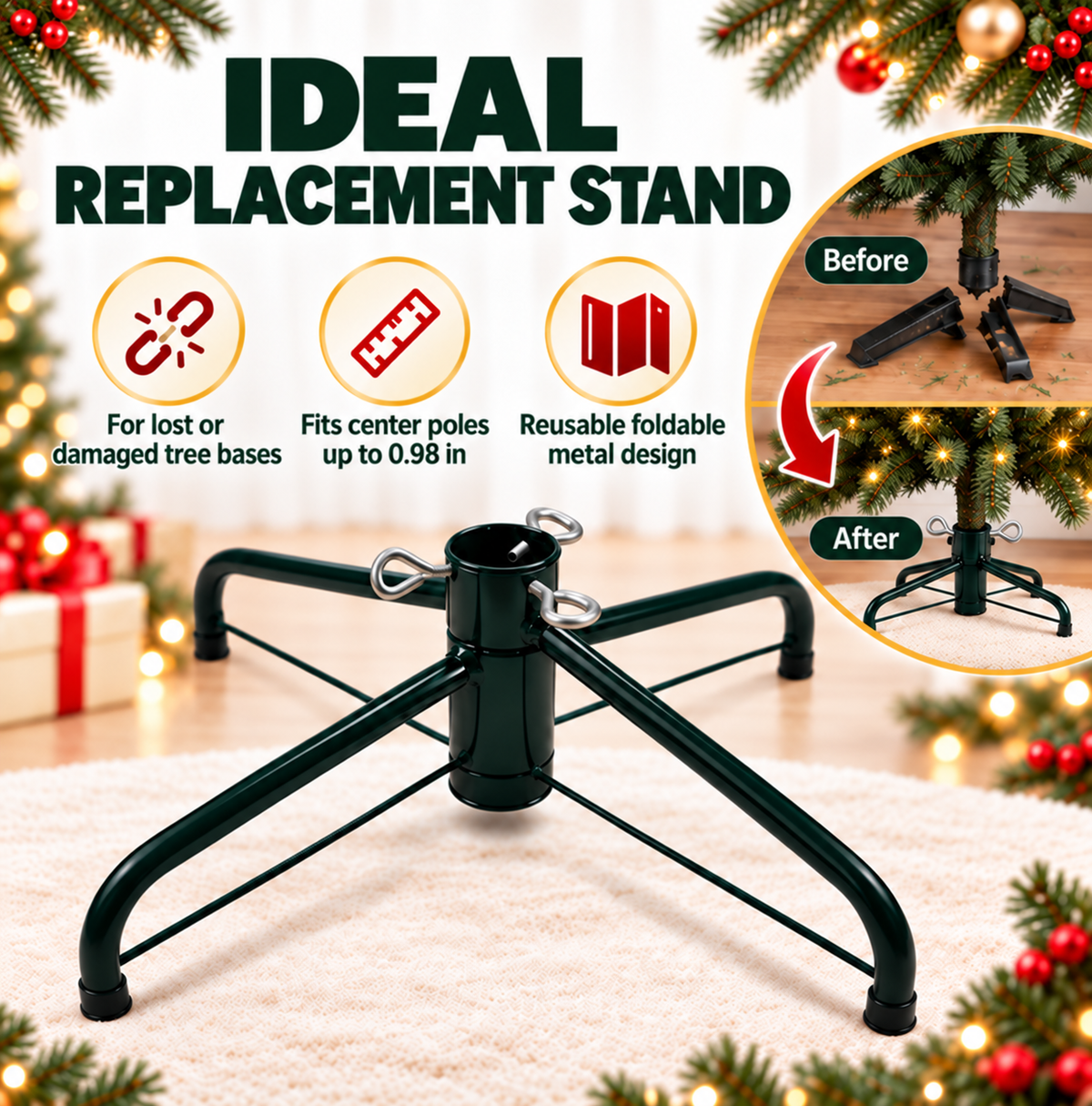 COOKEY Christmas Tree Stand for Artificial Trees, 15.7 Inch Foldable Metal Replacement Base for 3-6 Ft Fake Trees, Fits 0.98 Inch Poles, Green