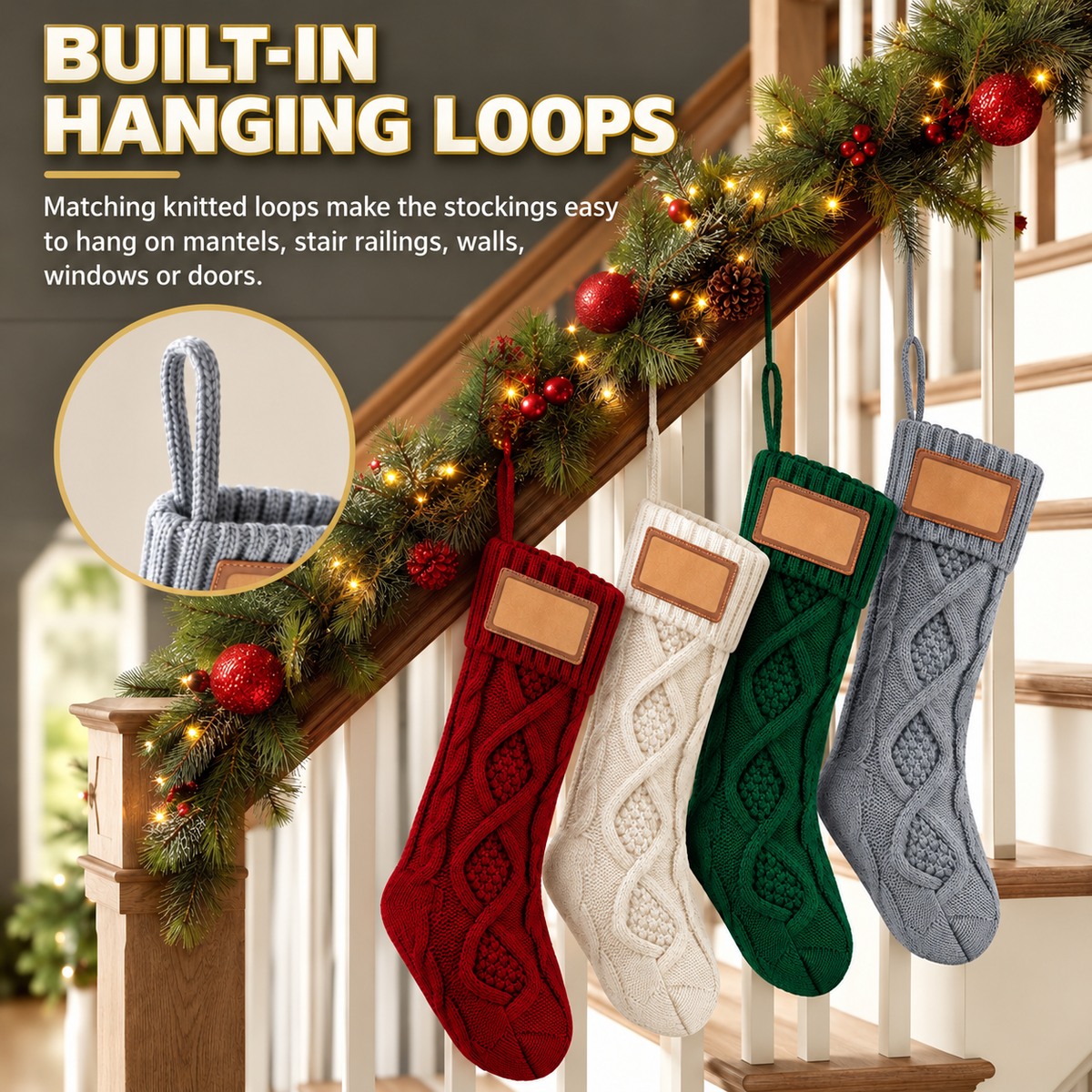 COOKEY 4 Pack Personalized Cable Knit Christmas Stockings with Leather Name Patches, for Fireplace Mantel, Red White Green Beige
